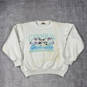 Marshlands Canada Sweatshirt Mens Large White Vtg 80s Humming Bird Embroidered